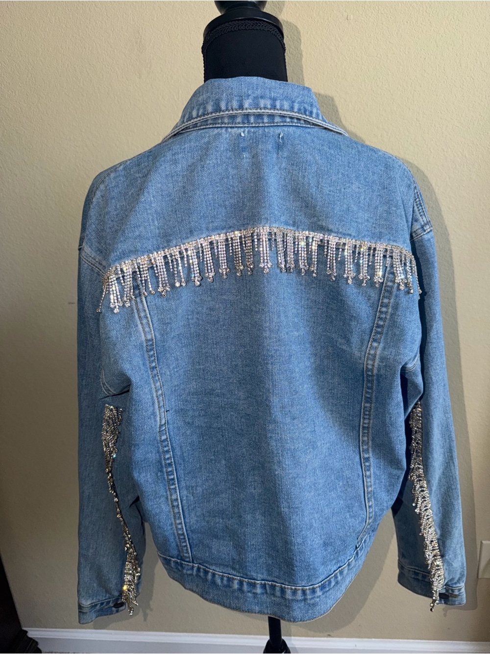 Superdown Light Blue Denim Jacket with Rhinestone Fringe - Picture 2 of 5